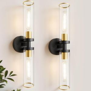 Wall Sconces Set of Two, Black and Gold Bathroom Wall Sconces with Clear Glass,Hardwired Modern Sconces Wall Decor Set of 2 Wall Light for Bathroom Mirror Bedroom Living Room Hallway Vanity