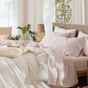 MooMee Gingham Sheet Set 100% Washed Cotton Linen Like Textured Breathable Soft w/Fully Elasticized 16-19" Deep Pocket (Classic Gingham Greyish Pink, Queen)