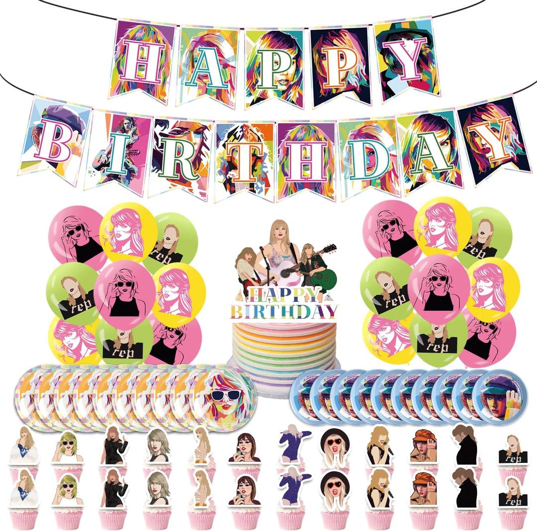 Music Singer Birthday Supplies, Cute Pink Funny Happy Birthday Tableware, Party Decoration Supplies with Banner, Balloon, Plate, Cake Topper, Cupcake Topper