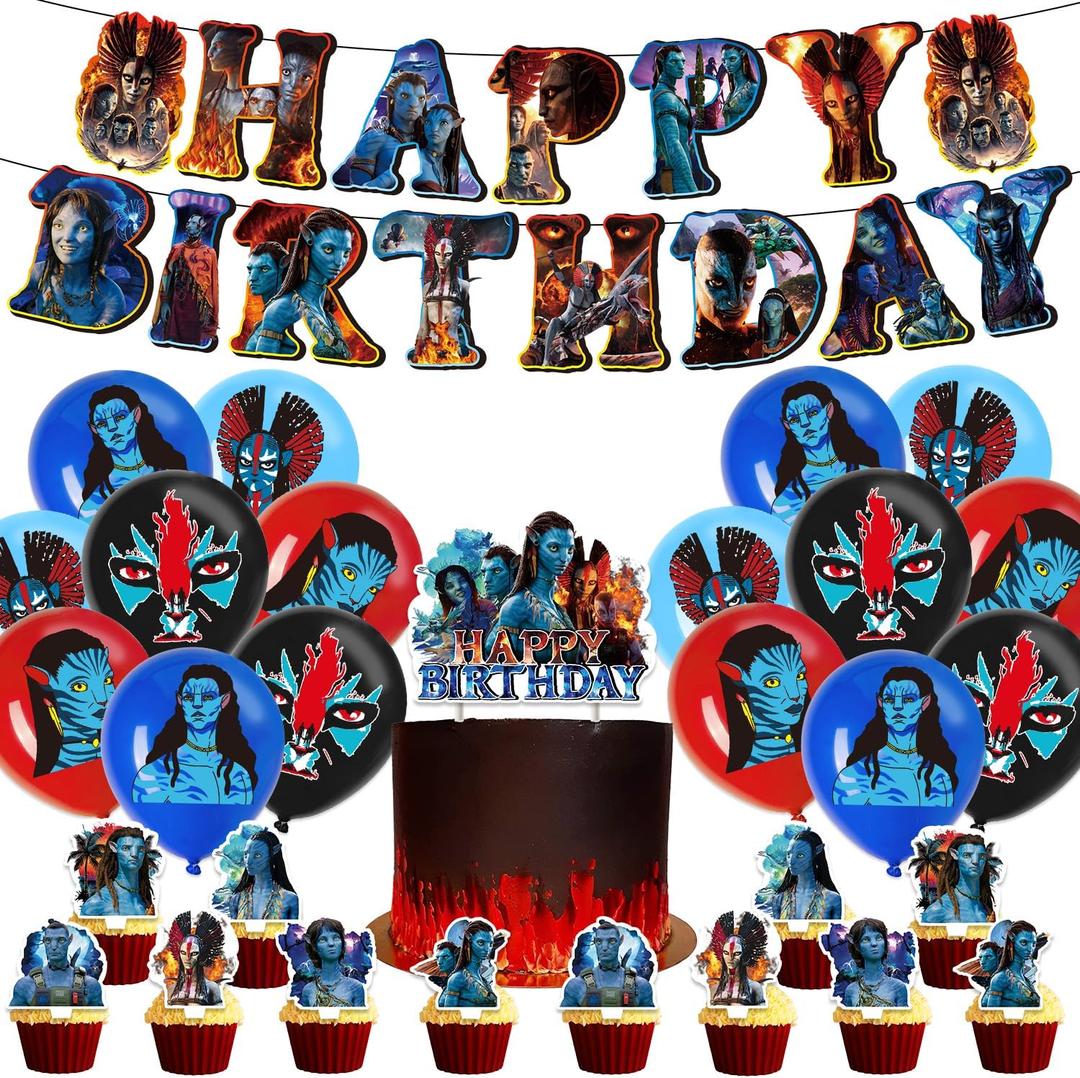 30 Pcs Classic Film Happy Birthday Decorations, Blue Dream Theme Party Decorations, Includes 1 Banner, 16 Balloons, 1 Happy Birthday Cake Topper, and 12 Dessert Toppers.