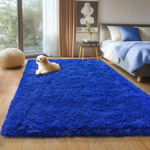 Blue Fluffy Area Rug for Bedroom, 4x5.9 Feet Shag Rugs for Living Room, Kids Rooms Boys Room Nursery, Soft and Comfy, Fuzzy Carpet Teen Dorm Home Decor Aesthetic, Upgrade Non Slip