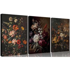Framed 3Pcs Dark Floral Canvas Wall Art Set Dark Academia Flower Prints Vintage Botanical Wall Painting Rustic Farmhouse Black Floral Picture Art Print Moody Daisy Wall Decor for Living Room Bedroom16x24inx3