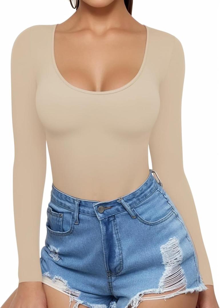 MANGOPOP Womens Scoop Neck Short Sleeve Long Sleeve Slim Fit T Shirt Tunic Tops Tee (Medium, Long Sleeve Semolina)