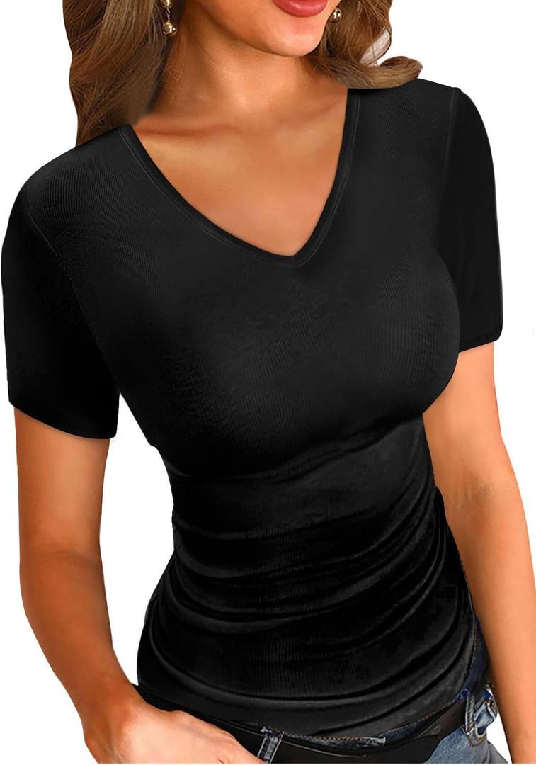 LOLONG T Shirts for Women Short/Long Sleeve V Neck Casual Ribbed Slim Fitted Tops (Medium)