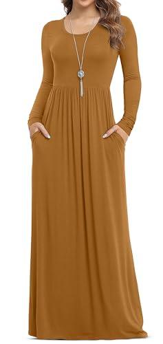 VIISHOW Women's Boutique Long Sleeve Simple Long Dresses with Pockets Loose Plain Casual Maxi Dresses(Light Brown,Small)