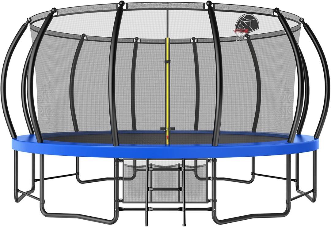 16FT Outdoor Trampolines for Kids and Adults, Pumpkin Trampoline with Curved Poles, Recreational Trampoline with Basketball Hoop and Safety Enclosure Net for Kids and Adults (Crystal Blue)