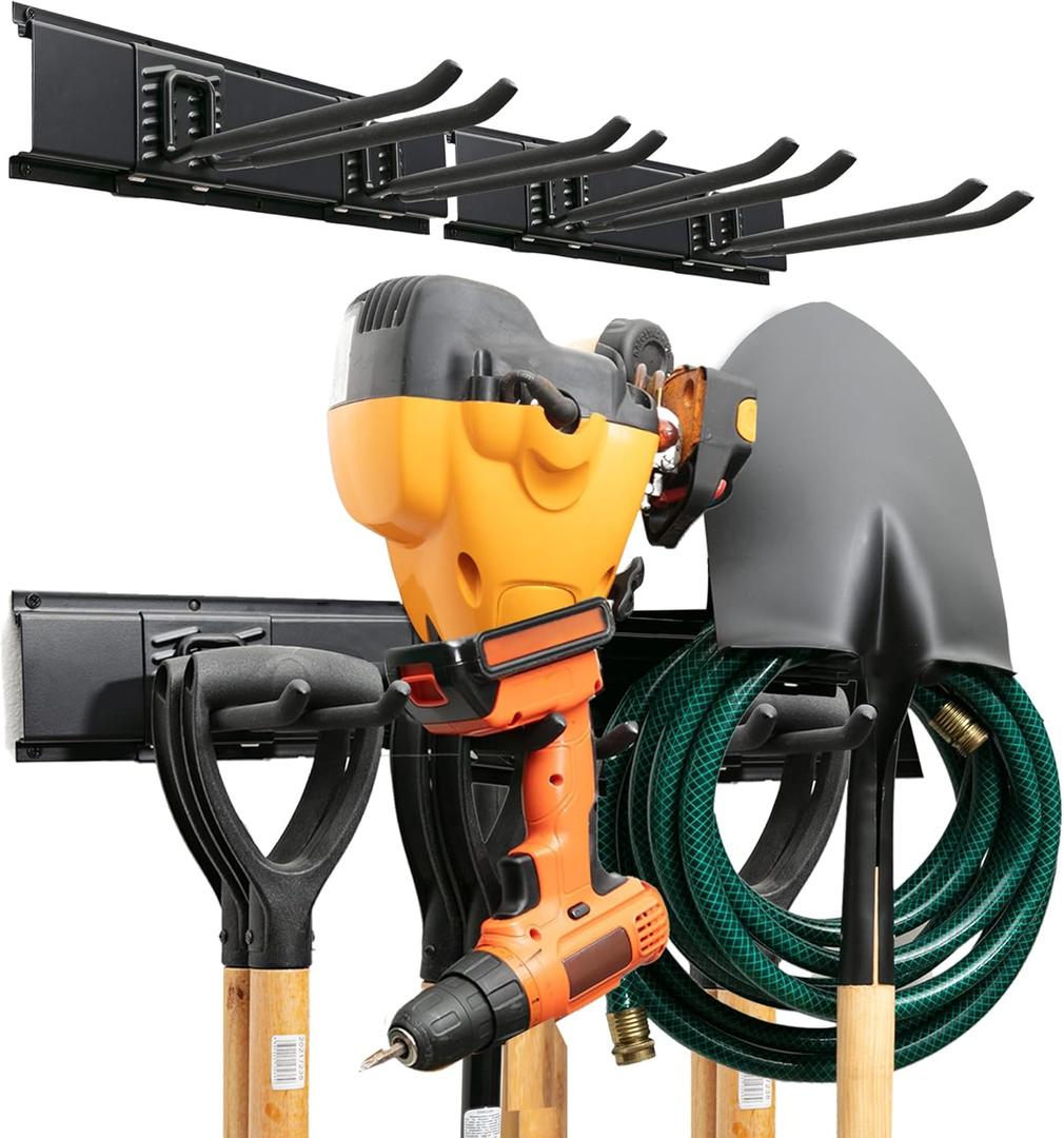 TIDYME Garage Tool Organizer Wall Mount - 32 inches - Sturdy Storage Rack with Adjustable Hooks, Anti-Rust - Easy Installation, 200lbs Capacity - Garden Tool Organizer (02 Racks & 04 Hooks) (Black)