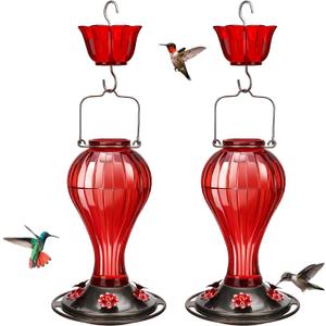 Kingsyard 2 Pack Glass Hummingbird Feeder 24 Ounces, 6 Feeding Ports, Hanging Bird Nectar Feeder for Outdoors Garden Yard Dcor, Ant Moat Included, Red
