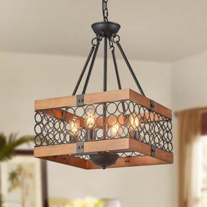 4-Light Wood Rustic Chandelier for Entryway 16.92'' Square Chandeliers for Living Room Hanging Ceiling Light Fixture Farmhouse Pendant Lighting for Kitchen Black and Woodgrain Finish, Square 16.14 In 1 Pack