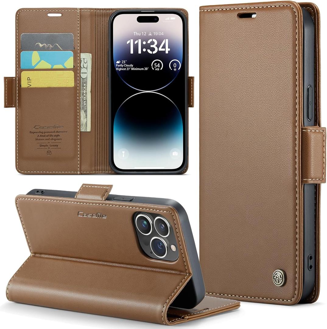 for iPhone 14 Pro Case, Premium PU Leather Wallet Case Flip Cover with [RFID Blocking][Card Holder][Stand Function] Shockproof Protective for iPhone 14 Pro 6.1 inch, Brown