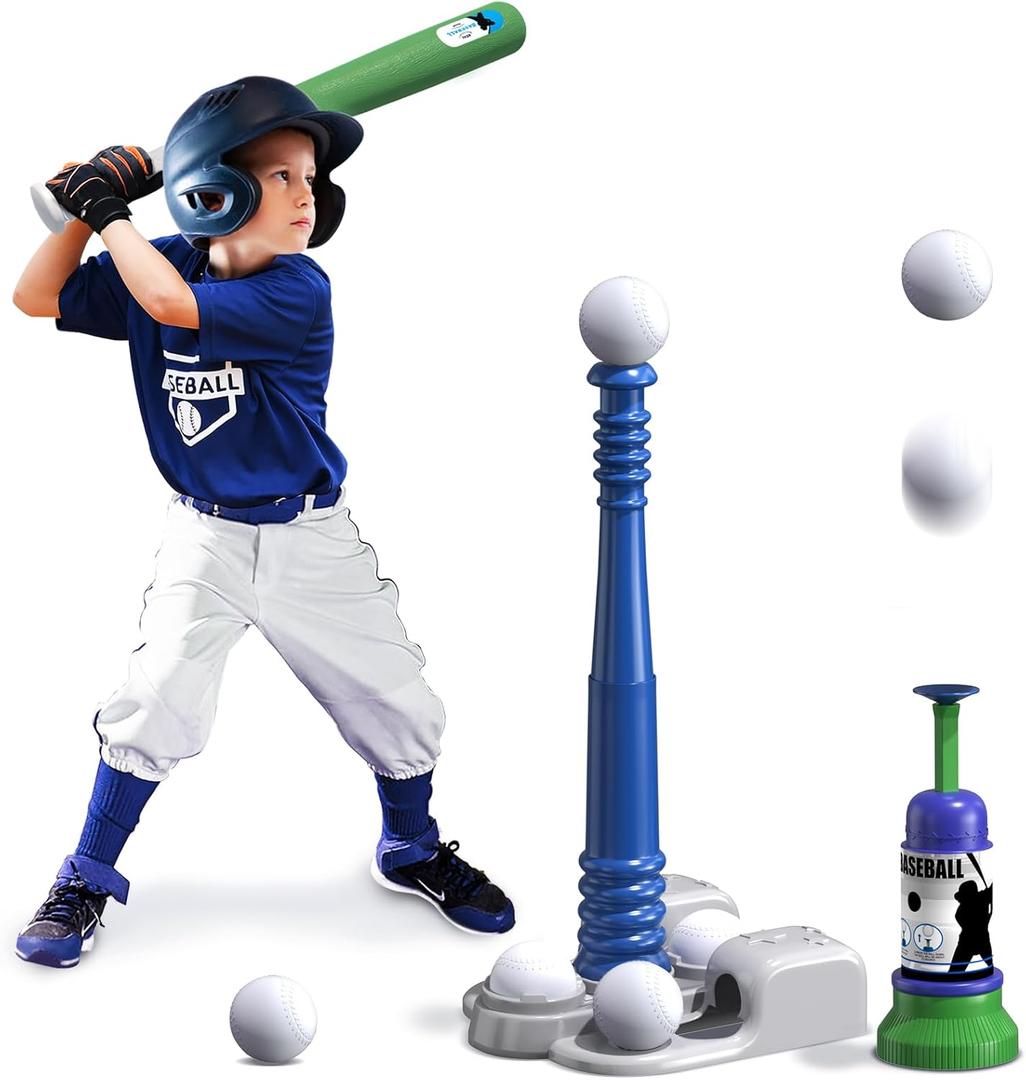 QDRAGON 2 in 1 T Ball Sets for Kids 3-5, 5-8, Tee Ball Set with Automatic Pitching Machine/Adjustable Batting Bat & Stand/6 Balls, Baseball Toys Outdoor Sport for Toddlers Boys, Blue