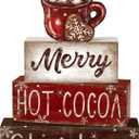 DIYDEC 4Pcs Christmas Wooden Tabletop Decoration Hot Cocoa Wooden Block Signs Gift Rustic Xmas Tiered Tray Decor Merry Christmas Centerpiece Sign Farmhouse Winter Table Home Party Decor