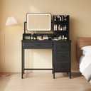 YeTom Vanity Desk with Mirror, 4 Fabric Drawers, LED Lights, Bedroom, Black, 34.3in