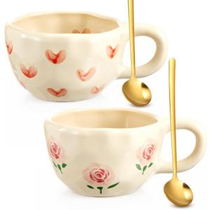 Vesici 2 Pcs Ceramic Coffee Mugs with Spoon, Vintage Floral Spring Mugs with Handle, 8.5 oz Aesthetic Flower Porcelain Tea Cup Set, Dishwasher & Microwave Safe Mothers Day Gifts for Mom(Heart,Rose)