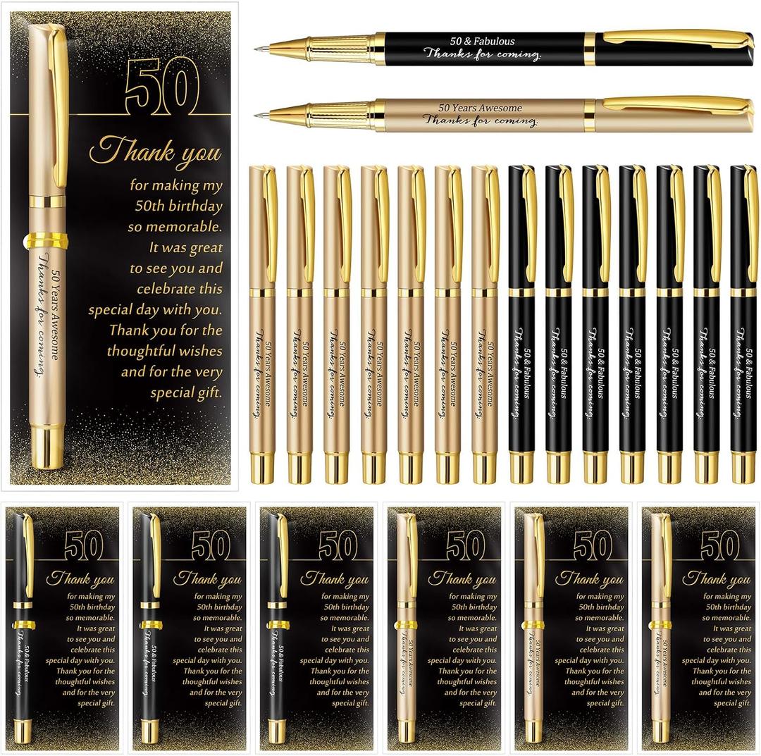 Feifeiya 50 Set 50th Birthday Party Favor for Guest Anniversary Party Favor with Black and Gold Ballpoint Pens and Thank You Cards for Women Men Birthday Anniversary Appreciation Gifts