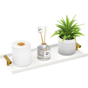 LSK Toilet Paper Basket, White Tank Tray with Golden T-Handle, 14 Inch Bathroom Tray for Organizing, Aluminium Toilet Paper Storage for Tank Topper, Bathroom, Kitchen Counter