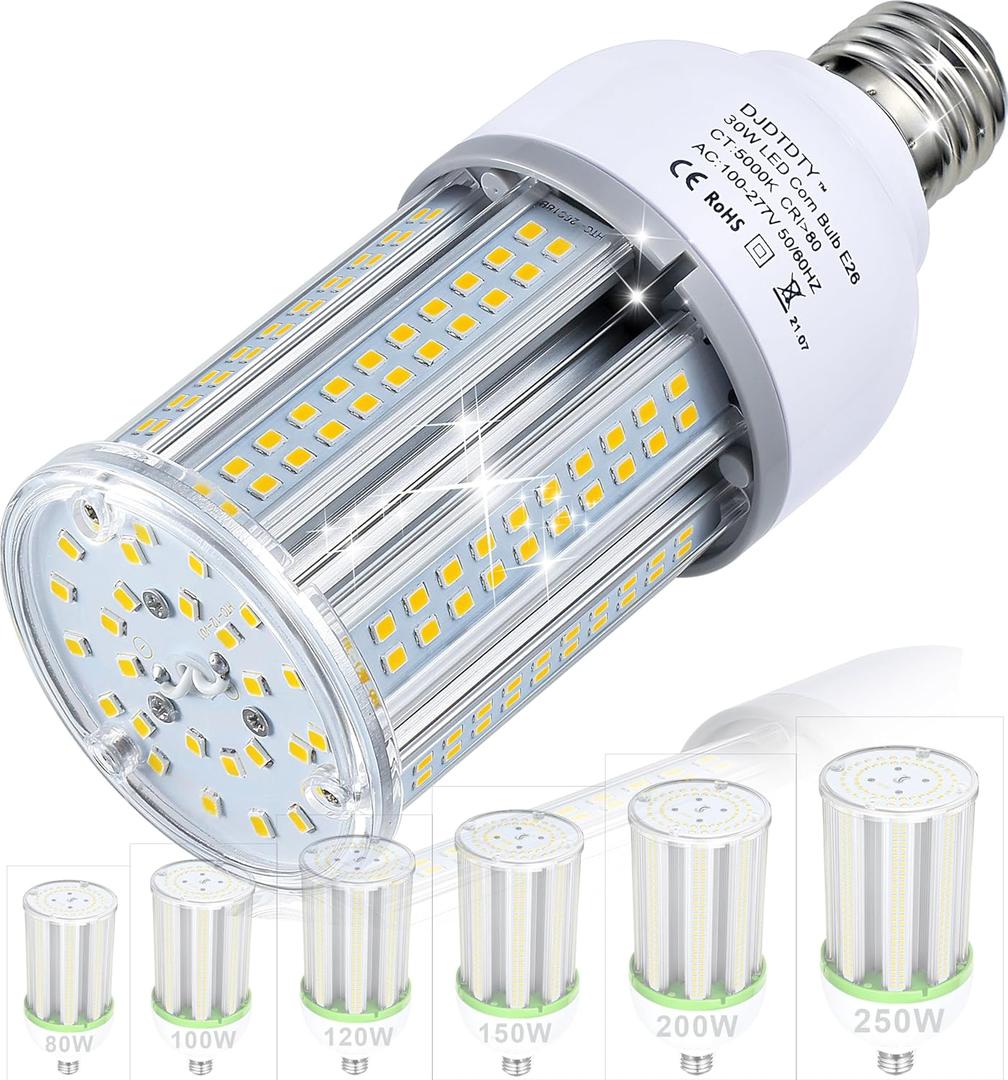 300W Equivalent LED Corn Light Bulb 5000 Lumen 5000K 30W Large Area Cool Daylight White E26/E27 Medium Base for Outdoor Indoor Garage Warehouse Factory Workshop Street Backyard (30 Watts 1Pack)