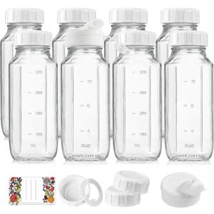 8 Pack 16 Oz Reusable Glass Milk Bottles w 100% Airtight Heavy Duty SCREW Lid & 2 Pour Spouts - Glass Juice Bottles w Capacity Mark - Beverage Drinking Jar Juice Container Breast Milk(Extra 2 Lids)