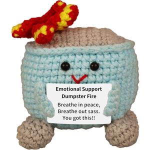 Handmade Emotional Support Dumpster Fire Crochet Gift - Funny Desk Decor with Positive Card for Coworkers, Teachers, Adults, Meme Lovers, Christmas, Halloween, Office Pranks, Knitted Doll Toys (Blue)