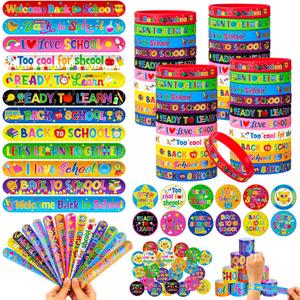 Tondiamo 120 Pcs Welcome Back to School Party Favors for Students 40 First Day of School Silicone Bracelet Wristbands 40 Colorful Slap Bracelets 40 Button Badge for Kindergarten Preschool Party Supply