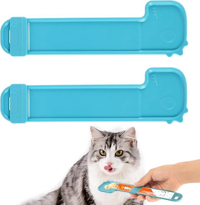 Pack of w2pcs Cat Strip Feeders, Cartoon Cute Happy Cat Strip Squeeze Spoon Holder Multifunctional Cat Treat Dispenser for Wet Food Liquid Snack Puree Feeding Pet Supplies (Blue) 