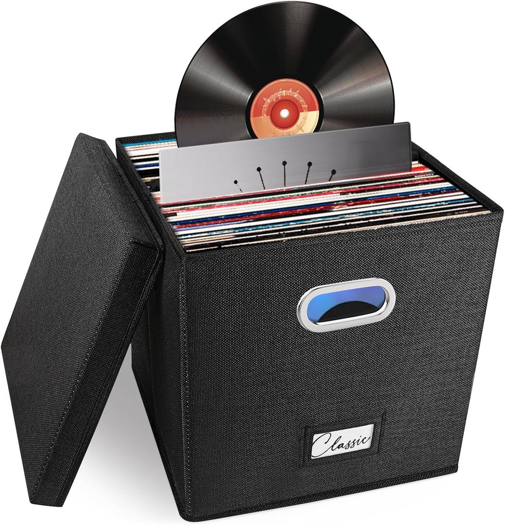 Vinyl Record Storage Box for 50+ Single LPs (12-Inch), Stackable Albums Linen Crate with Lid, Collapsible Play Music Collection Holder, Document File Folder Cabinet Organizer Case with Handle (1pack, Black)