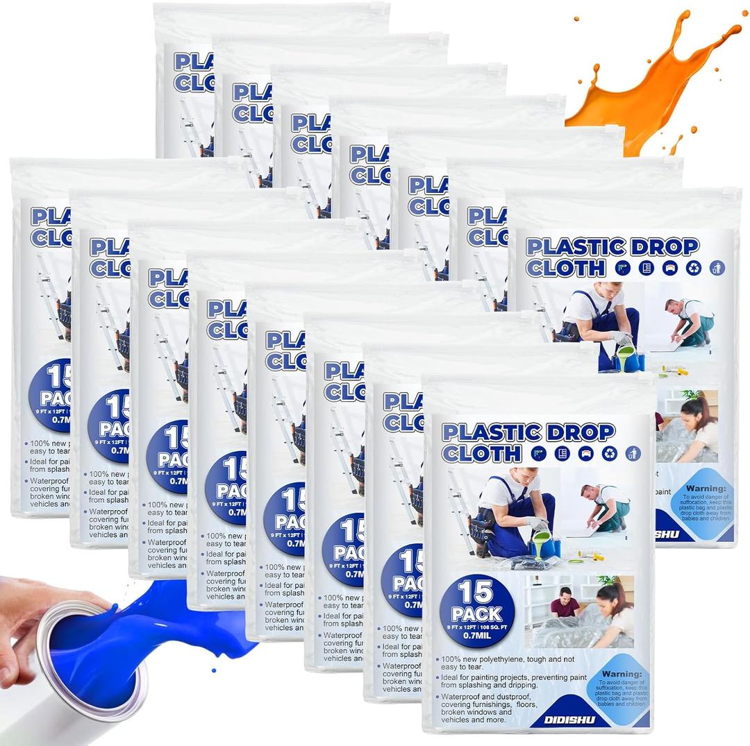 15 Pack Plastic Drop Cloths for Painting 9x12 Feet, Extra Thick Clear Plastic Painters Drop Cloth, Disposable Paint Plastic Covering Tarp, Waterproof Plastic Dust Sheets for Covering Furniture