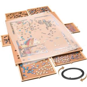 2000 Piece Rotating Wooden Puzzle Board for with 6 Storage Drawers & Protective Cover – Jigsaw Puzzle Table - for Adults & Families Home Entertainment & Puzzle Building