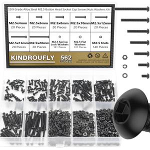 562 Pieces Black M2.5 x 4/6 /8/10 /12/16 /20mm Button Head Socket Cap Screws Nuts Washers Assortment Kit, 10.9 Grade Alloy Steel