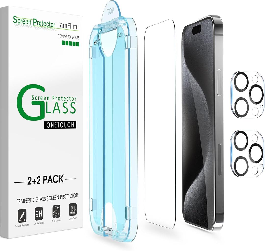amFilm OneTouch 2+2 Pack Compatible with iPhone 15 Pro Screen Protector 6.1" Tempered Glass with Camera Lens Protector Accessories, Premium Easiest Installation Kit 9H HD, Case Friendly