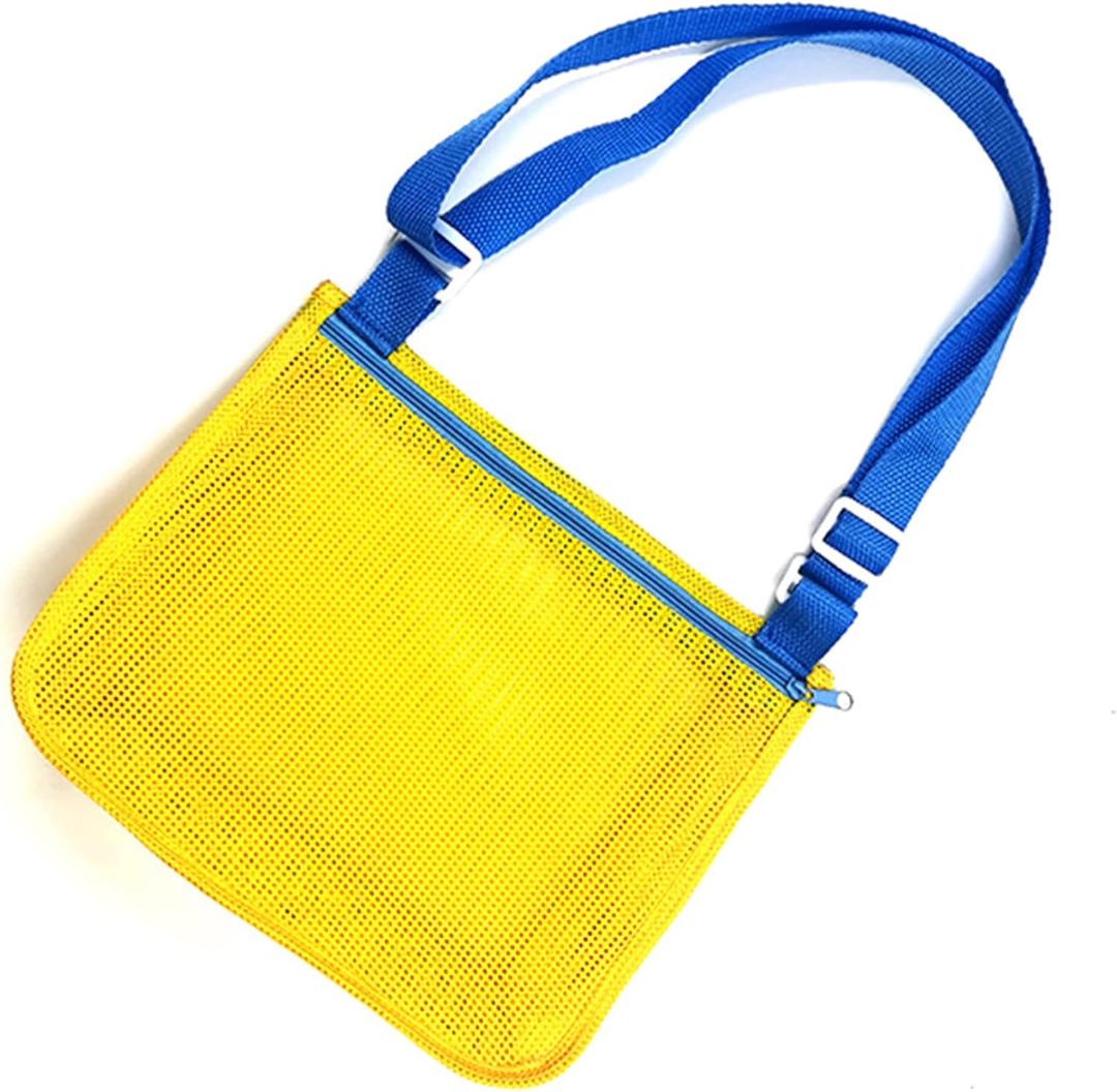 UTTPLL Colorful Mesh Beach Bag Adjustable Kids Quick Dry Net Tote for Seashell Collecting Sand Toy Swimming Accessories (One Size, Yellow&Dark Blue)