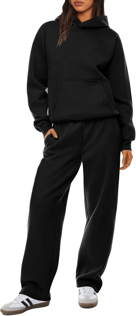 XIEERDUO Womens 2 Piece Outfits 2024 Sweatsuit Set Track Suits Oversized Hoodie Sweatshirts Wide Leg Sweatpants with Pockets (Small, A01-black)