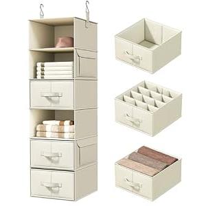 Vailando 6-Shelf Hanging Closet Organizer with 3 Drawers, 6-Shelf Inseparable Closet Organizers and Storage for Wardrobe Organization, Hanging Dresser for Nursury & Dorm Clothes Organizer, Beige