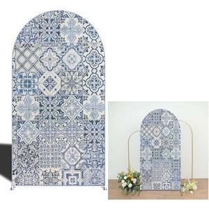 Curved Top Arch Cover Backdrop 2.6x6ft Mediterranean Portuguese Patchwork Tile Theme Spandex Background for Birthday Wedding Shower Banquet Porcelain Party Decoration,G-X05
