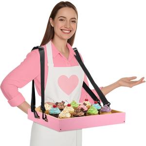 Wooden Snack Trays with Strap 15 x 11 x 2 Inch Movie Night Party Serving Trays Usherette Popcorn Drink Vending Concessions Tray Beverage Carrier for 20's Theme Costume Carnival Prop(Pink)