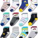 Evercute Toddler Girls Grip Socks 12 Pack Boys Non Slip Socks for Kids Anti Skid (Boys Vehicles Style 12 Pairs)