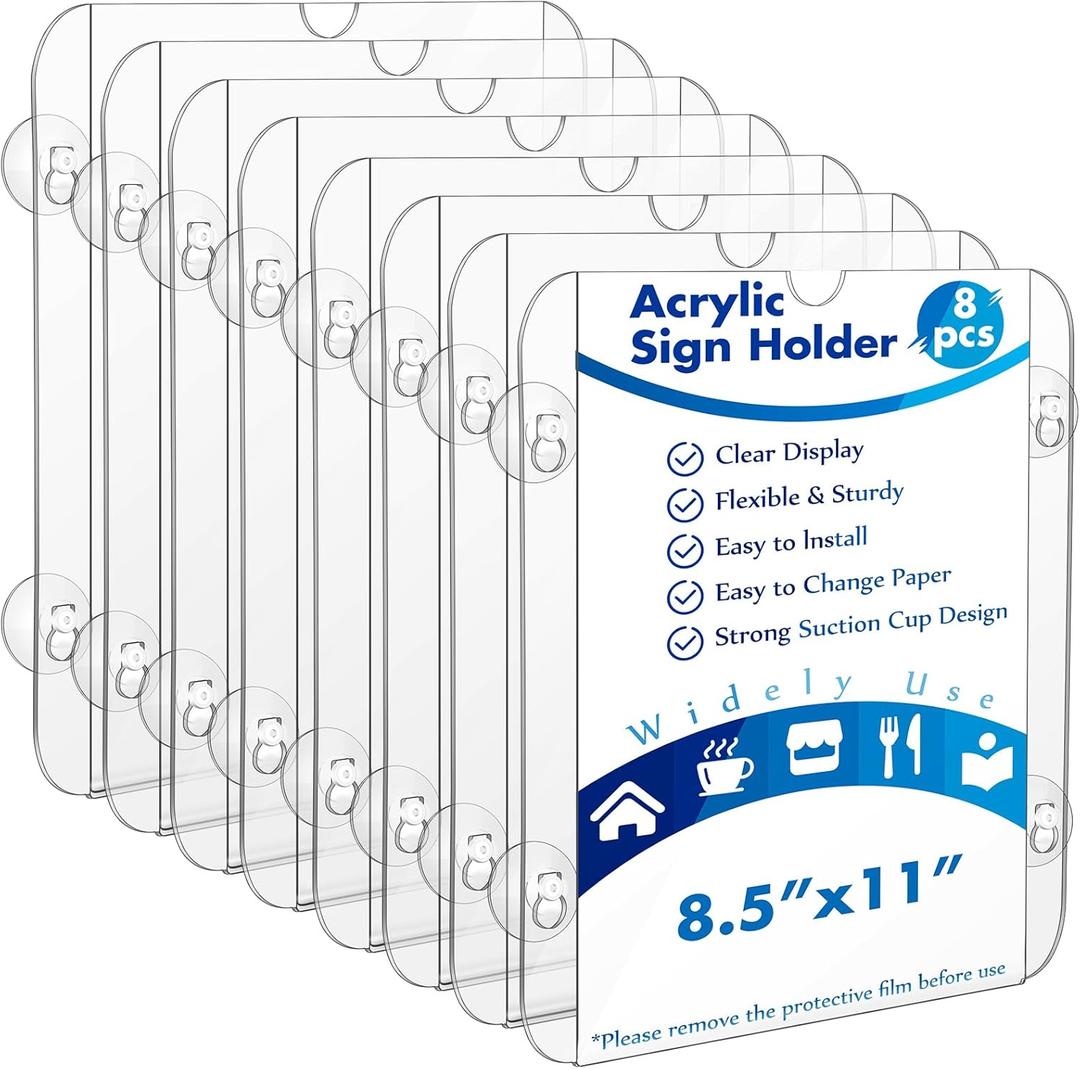 Handepo 8 Pack Acrylic Window Sign Holder 8. 5 x 11 Inch with 4 Suction Cups Clear Acrylic Frames for Glass Door Window Wall Mount Sign Holder for Home Office Mall Promotion Restaurant Menus