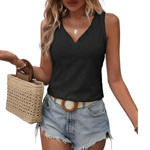 Womens Tank Tops Summer Tank Tops for Women 2025, V Neck Sleeve Embroidery Tops, Casual Loose Trendy Tops 2 XL, Black 