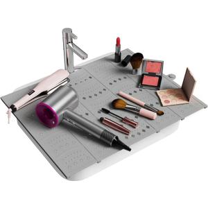 Bathroom Sink Cover for Counter Space, Foldable Silicone Makeup Mat for Hair Styling and Hot Tools, Steel Frame Core Sink Organizer for RV Camper and Small Vanity, DIY Cut to Fit, Grey