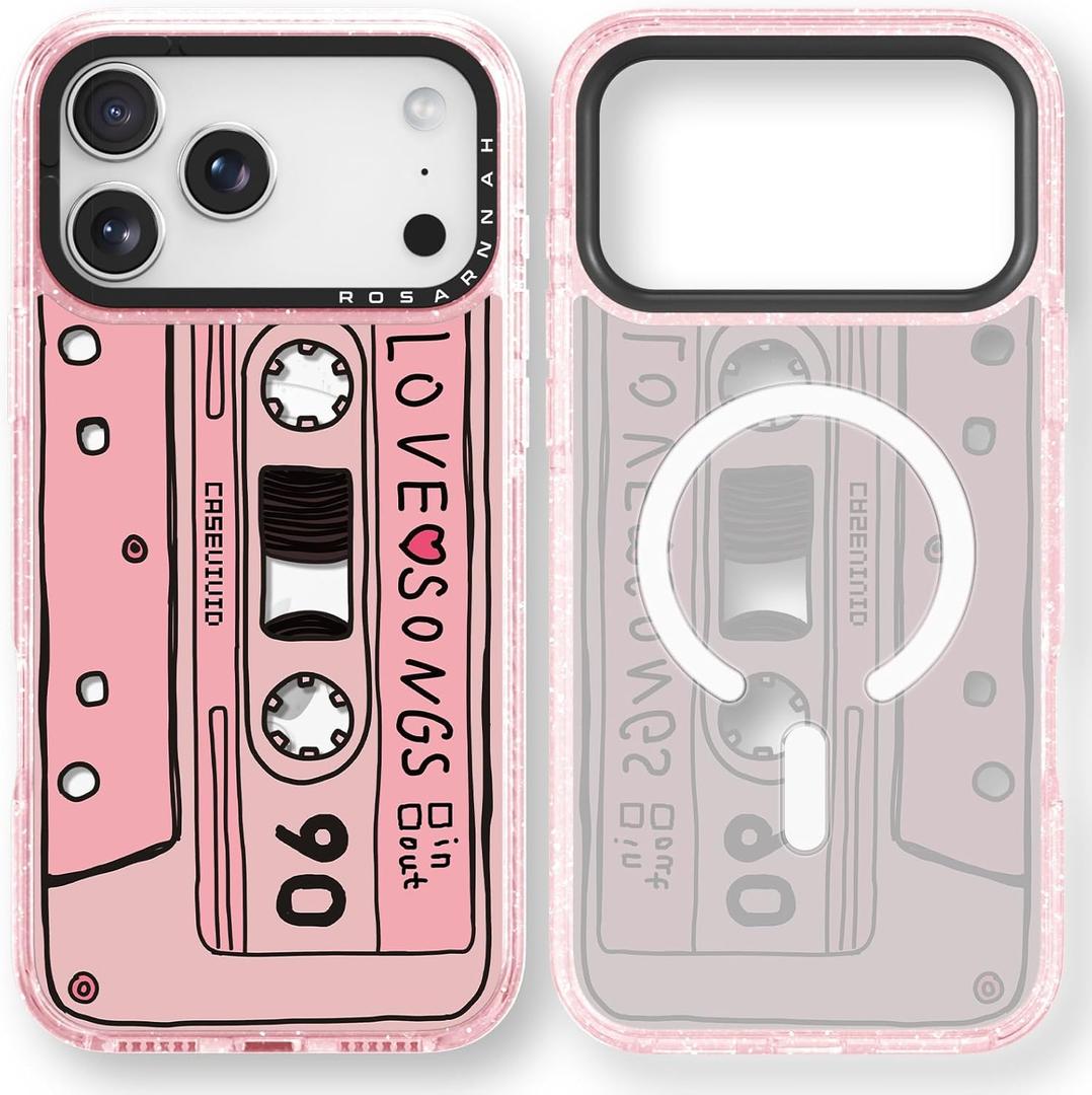 for iPhone 17 Pro Case Cute - Compatible with Magsafe - Durable Shockproof 6.6 ft Drop Impact Phone Case - Funny Cassette Tape Design (6.3") Glitter Pink