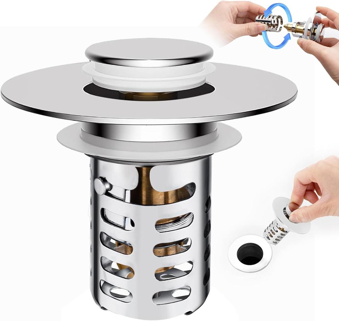 2 x Bathroom Sink Stopper with Hair Catcher, Universal Pop-Up Drain Strainer for 1.1"2.36" US Standard Sink Drain Hole, Anti-Clog Basin Stopper with Removable Stainless Steel Strainer Basket (Cross Bore)