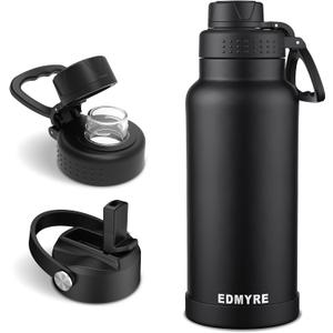 32 oz Insulated Water Bottle with Straw Lid & Twist Lid, Stainless Steel Vacuum Flask with Silicone Boot, Leakproof, Keeps Cold 24H / Hot 12H, Wide Mouth for Travel, Gym & Sports, Black