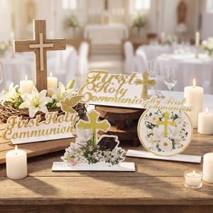 First Holy Communion Tabletop Decorations Gold Glitter First Communion Cross Dove Bible Centerpieces Tables for Wedding Christening Birthday Photo Props Blessed Celebration Party Decor