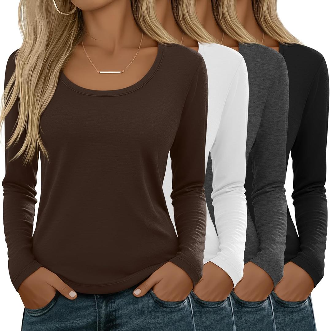 4 Pack Women's Scoop Neck Long Sleeve Tops, Loose Casual T-Shirts Fall Layer Trendy Soft Basic Tee for Ladies (Large, Brown, White, Dark Gray, Black)