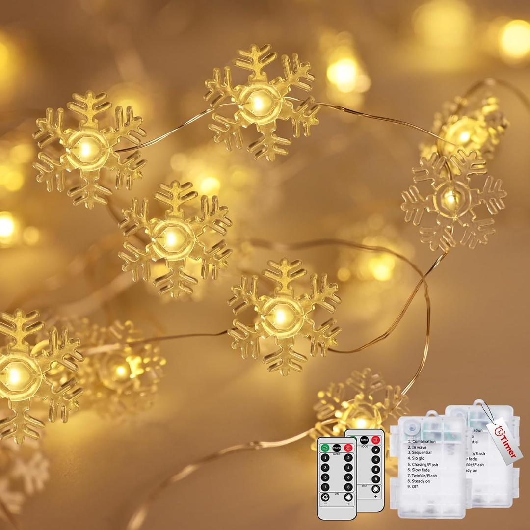 2 x kolpop 2 Pack 50 LED Fairy Lights Battery Operated with Timer, Transparent Snowflakes String Lights Battery Powered with Remote Control Waterproof for Indoor Outdoor Christmas Decorations