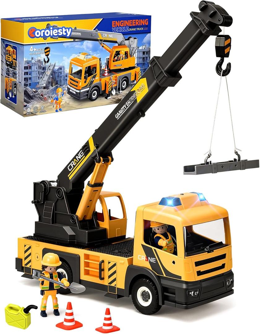 Large Crane Truck Toy with Extendable Crane Arm, Lights & Siren Sounds, Assemble & DIY Truck Engineering Vehicle Toy for Boys Girls Christmas Birthday Gifts Kids Toys for 3 4 5 6 7 8 Years Old