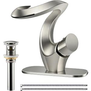 Elegant Alien Brushed Nickel Bathroom Sink Faucet Single Hole, AUU Waterfall Vanity Sink Faucet Solid Brass, Single Handle Basin Tap with Pop Up Drian & Deck Plate