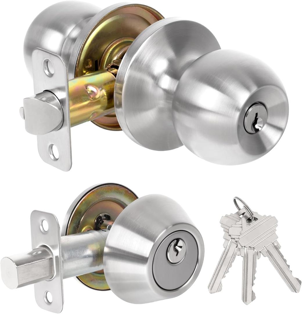 Exterior Door Lock Set, Single Cylinder Deadbolt Lock and Door Knob Set, Keyed Alike Front Door Lock Set, Satin Nickel Door Knob and Deadbolt Set (1 Pack)