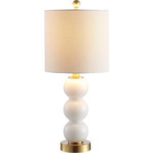 JONATHAN Y 21" White/Brass Gold Glass Table Lamp for Bedroom and Living Room, White Linen Shade, Modern Stacked Sphere Bedside Lamp, LED Bulb Included JYL1021A