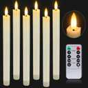 HINZER 6 Pcs Flameless Taper Candles with Remote & Timer 9.6 inch Real Wax Battery Operated LED Warm 3D Wick Flickering Window Candles for Halloween Christmas Wedding Decor, Ivory
